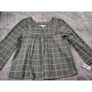 Roebuck & Co Grid Pattern Blouse Green White Square Neckline Women's Size Medium